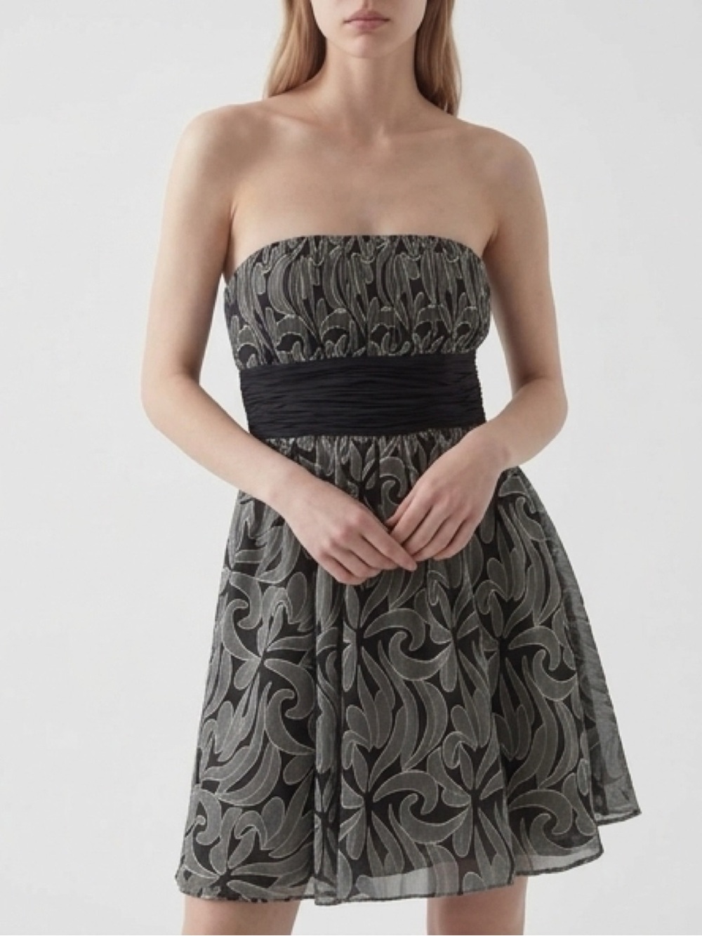 BCBGMaxAzria Black and Silver Strapless A-Line Cocktail Dress